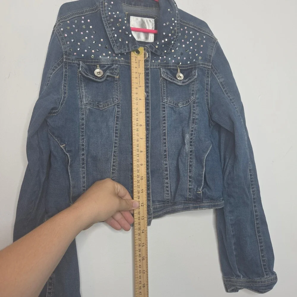 Justice Girls Blue Denim Cropped Jacket Rhinestone Embellished Size 12